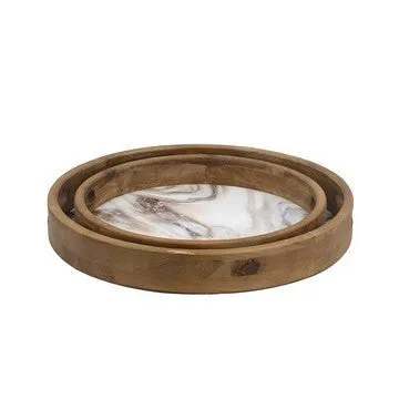 18, 15 Inch Round Decorative Tray, Marble Effect, Brown Fir Wood Frame By Casagear Home