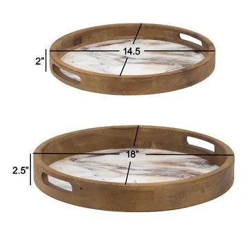 18, 15 Inch Round Decorative Tray, Marble Effect, Brown Fir Wood Frame By Casagear Home