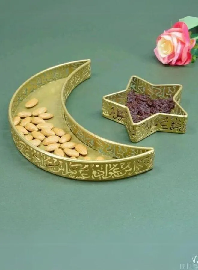 2 Pcs Ramadan Moon Star Shaped Trays Metal Serving Dishes Islamic Ramadan Table Decoration Moon and Star Ramadan Tray for Dessert, Dry fruits and Pastry Plates Muslim Party