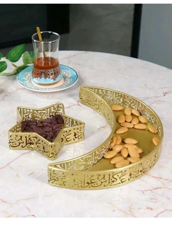 2 Pcs Ramadan Moon Star Shaped Trays Metal Serving Dishes Islamic Ramadan Table Decoration Moon and Star Ramadan Tray for Dessert, Dry fruits and Pastry Plates Muslim Party