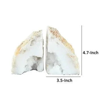 5 Inch Natural White Stone Bookends, Artisanal Textured Geode Rock By Casagear Home