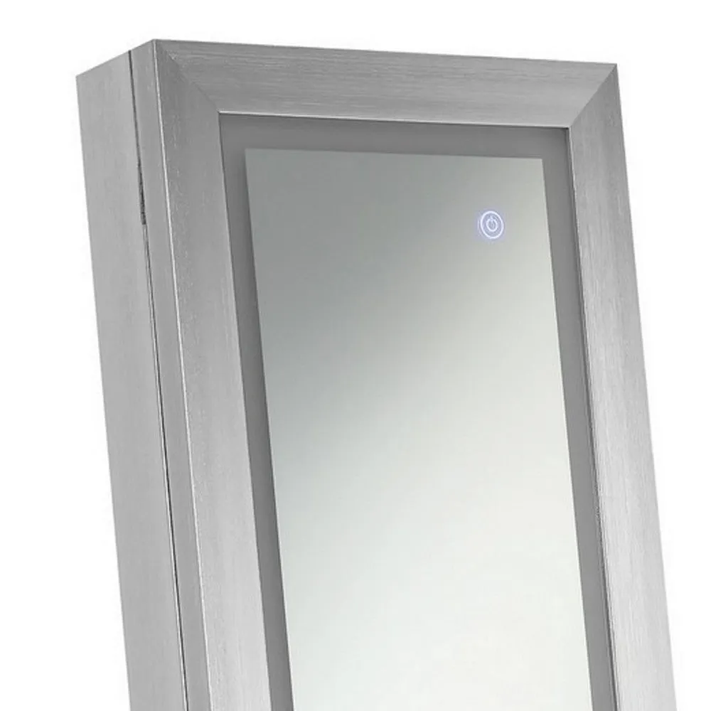 58 Inch Full Body Floor Cheval Mirror, Jewelry Storage, LED, Silver By Casagear Home