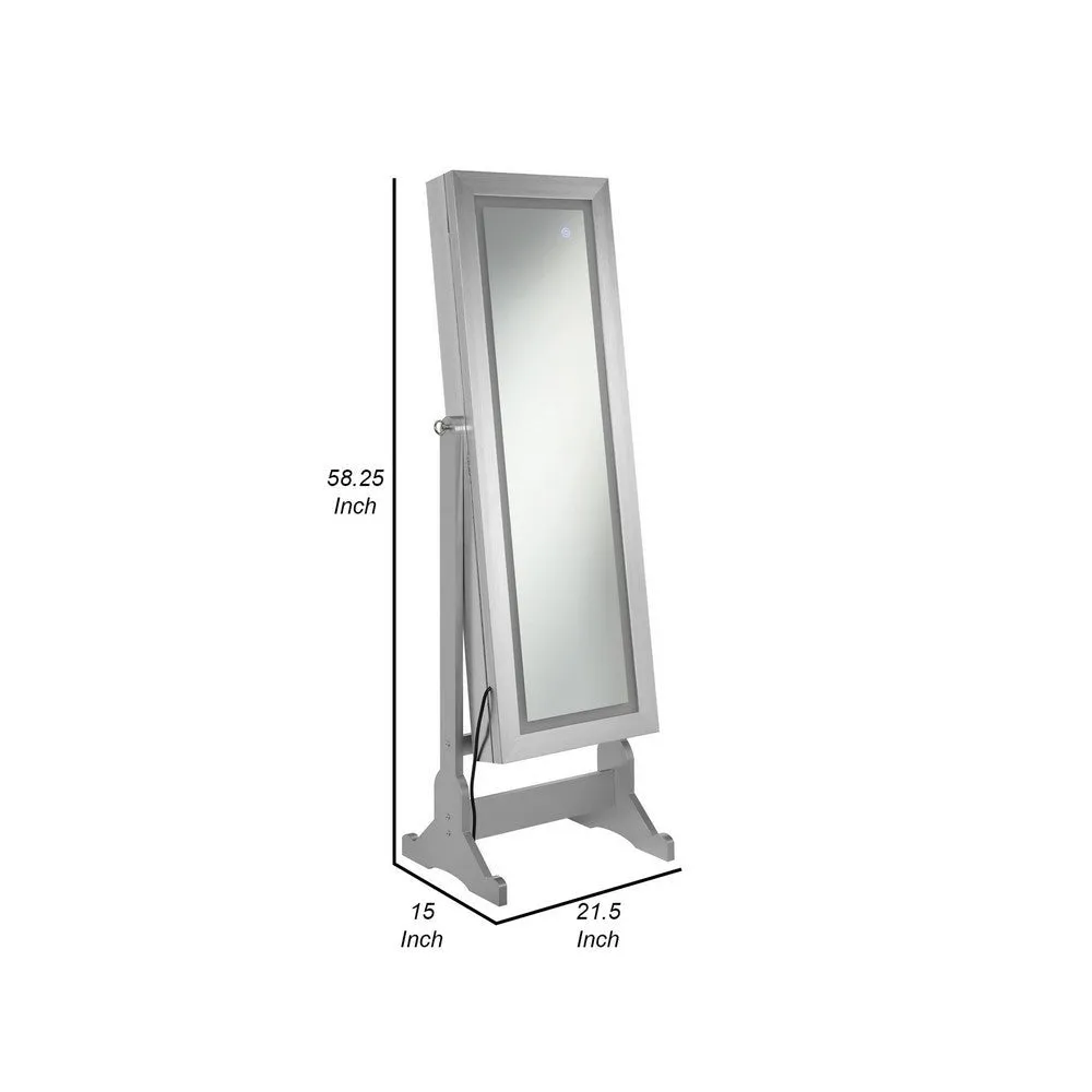 58 Inch Full Body Floor Cheval Mirror, Jewelry Storage, LED, Silver By Casagear Home