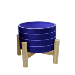 6" Striped Planter W/ Wood Stand, Navy