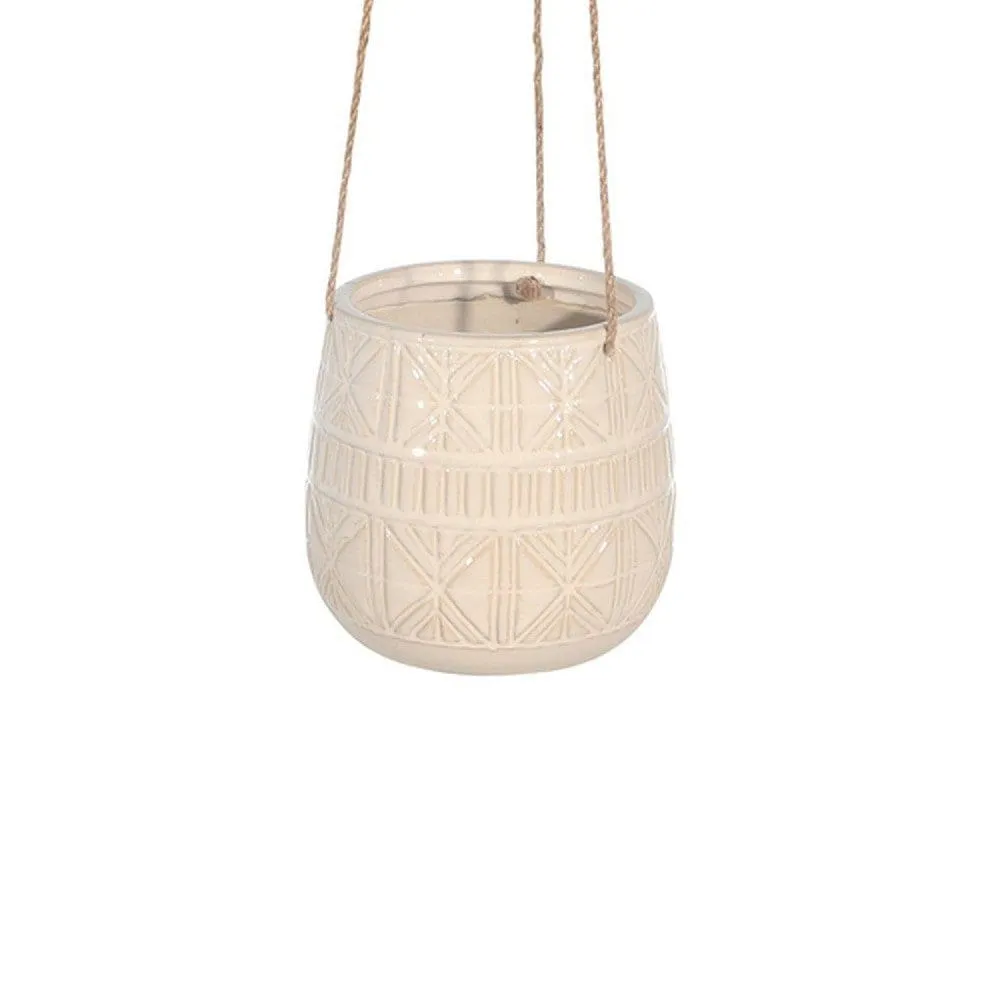 7 Inch Ceramic Hanging Planter, Curved Round, Geometric Design, Beige By Casagear Home