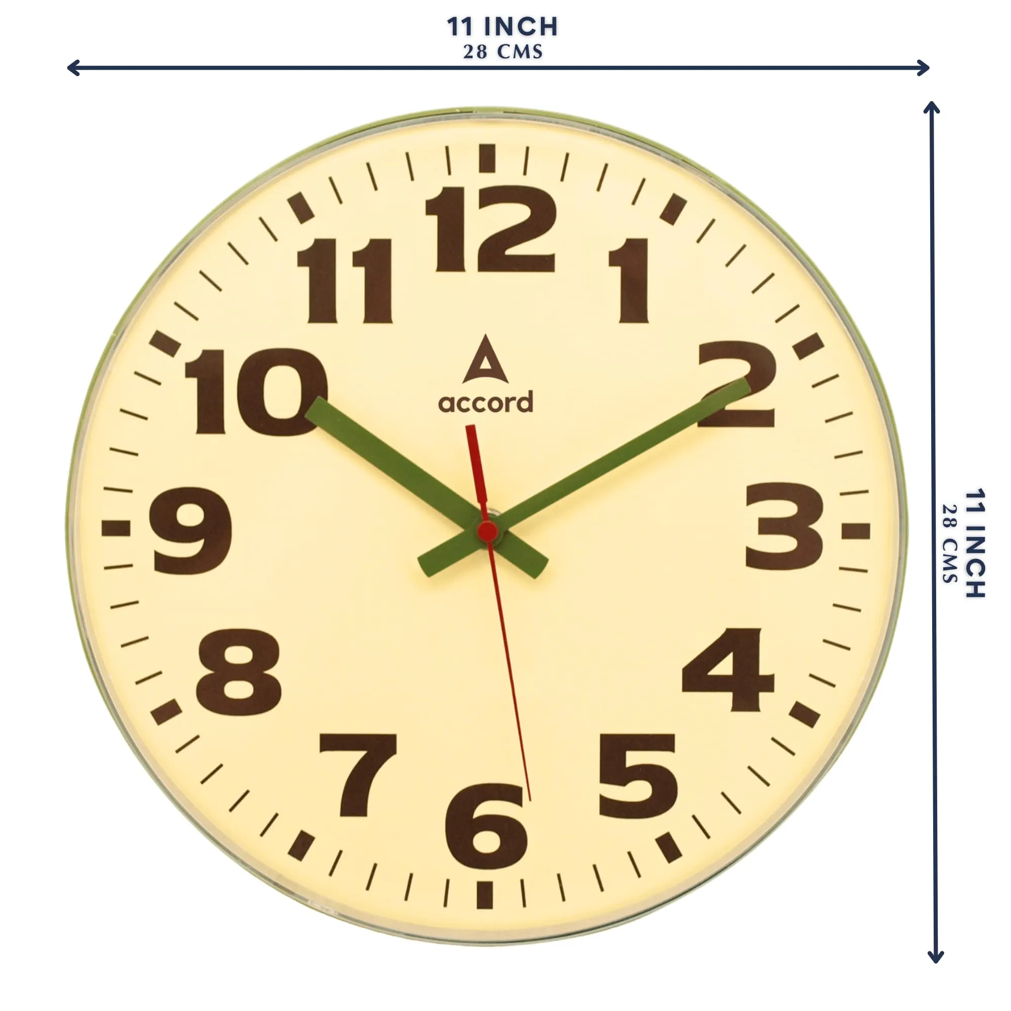 ACCORD CLOCKS Premium Contemporary Wall Clock with Silent Sweep Noiseless Movement -Green Clear Bezel-Less Sideview Frame - Plexiglass Surface - 11 inch / 28 cm - Model Alamos