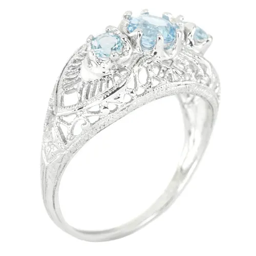 AQUAMARINE STERLING SILVER VINTAGE STYLE RING 3 STONE ART DECO FILIGREE BLUE