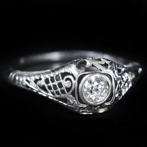 Art Deco 18K White Gold 0.36 Carat Old Mine Cut Diamond Engagement Ring