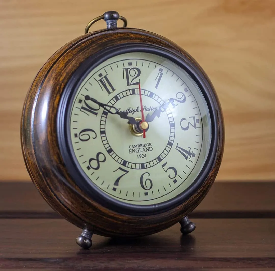 Art Deco 5.5" Table Clock Antique Style Wooden 5.25 inch dial 4 inch Brown Color Office Home Decor handicrafts Items Wedding Gift Bedroom Living Room