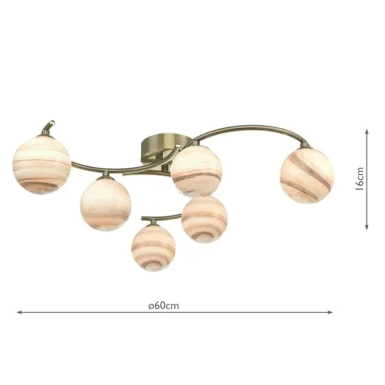 Atiya 6 Light Semi Flush Ceiling Light Antique Brass With Planet Art Glass