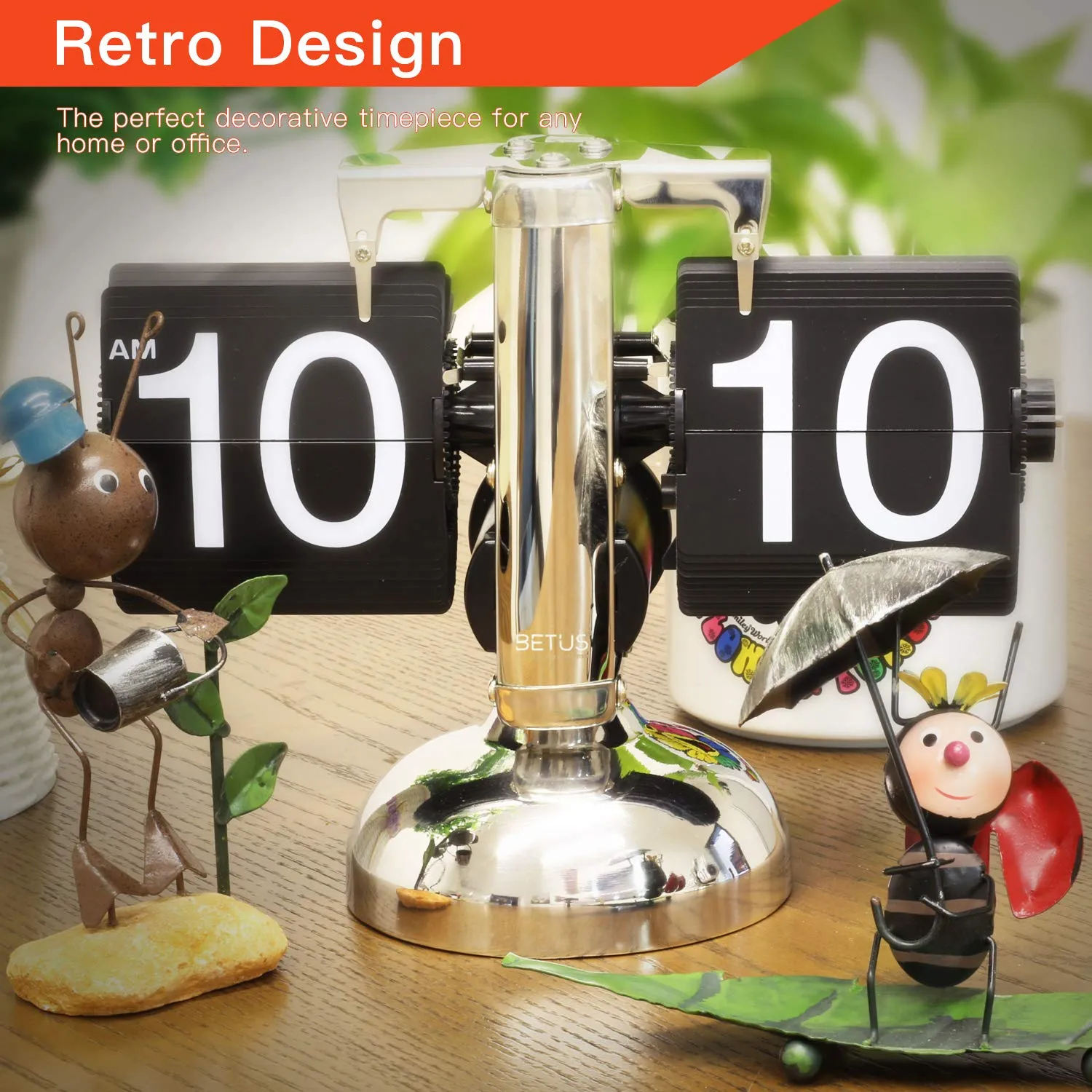 Betus Retro Style Flip Desk Shelf Clock Classic Mechanical-Digital Display Battery Powered, Black, ‎20.3W x 16.5H Cm,ABS