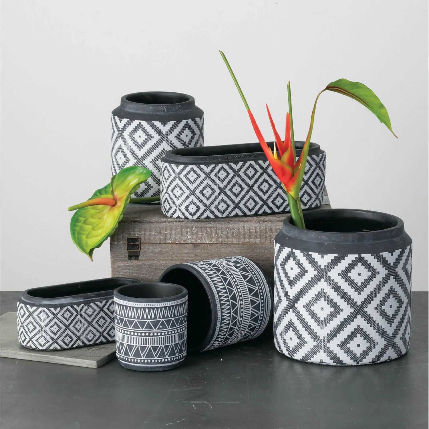 Black and White Aztec Planters - Set of 2