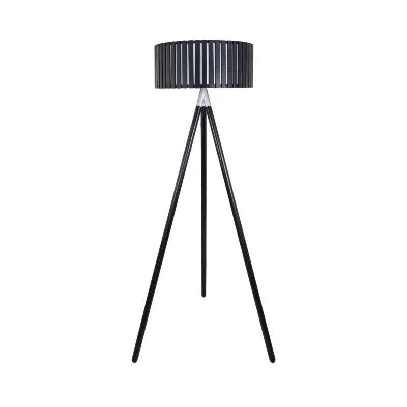 Black Hollywood Tripod Floor Lamp with Round Wooden Shade