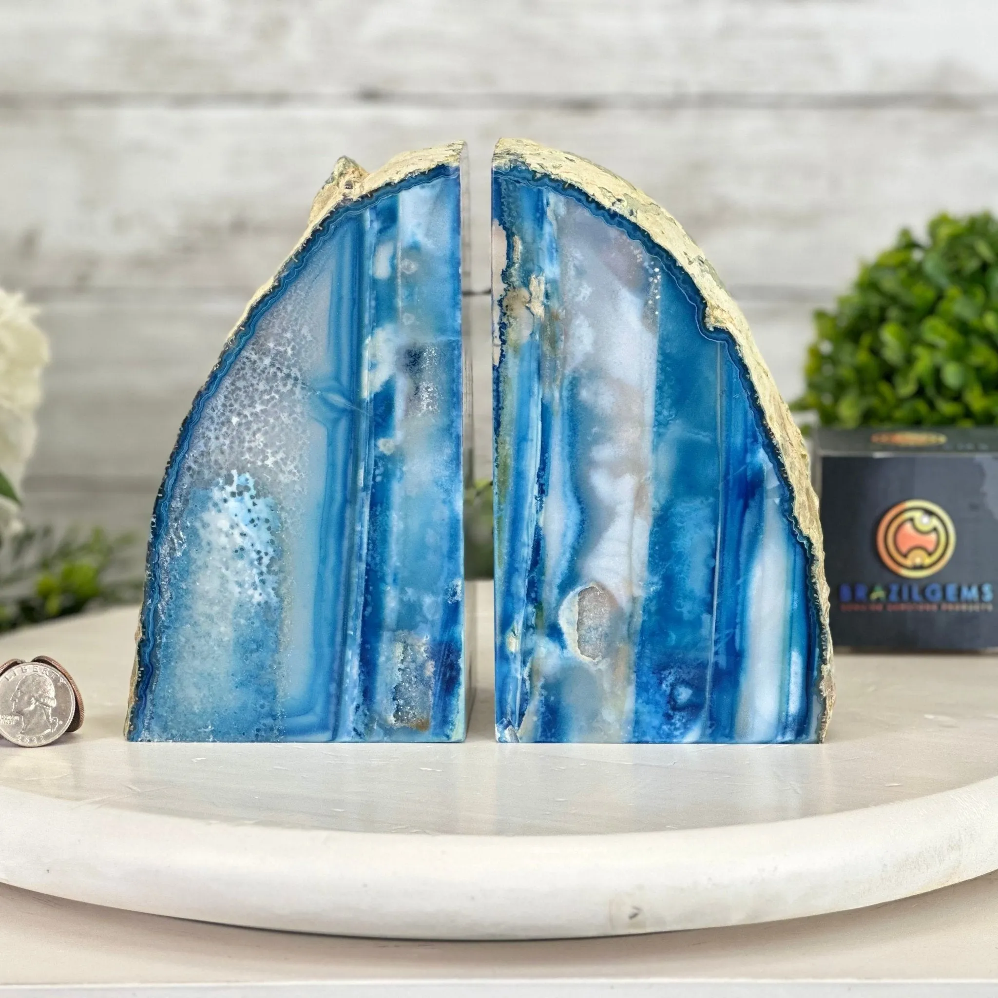 Blue Dyed Brazilian Agate Stone Bookends, 10.4 lbs & 6.7" tall #5151BL-037