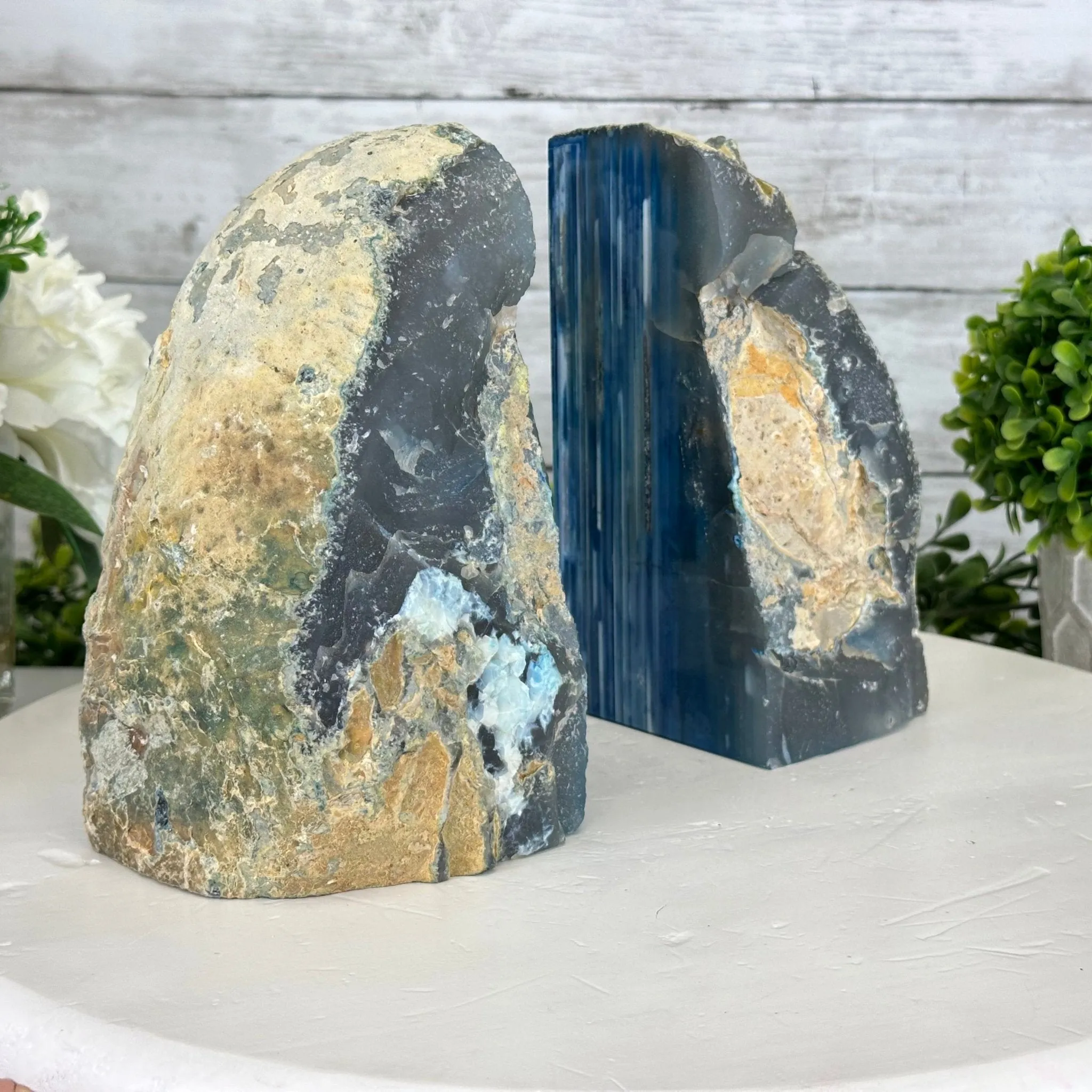 Blue Dyed Brazilian Agate Stone Bookends, 10.4 lbs & 6.7" tall #5151BL-037