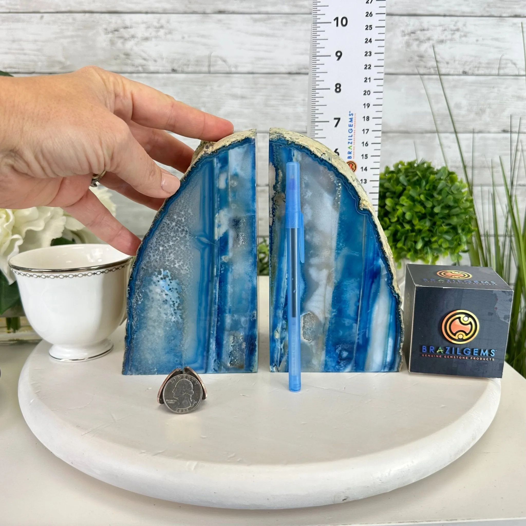 Blue Dyed Brazilian Agate Stone Bookends, 10.4 lbs & 6.7" tall #5151BL-037