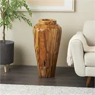 Brown Teak Wood Handmade Tall Floor Vase with Mosaic Live Edge Pieces