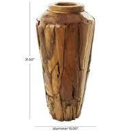 Brown Teak Wood Handmade Tall Floor Vase with Mosaic Live Edge Pieces