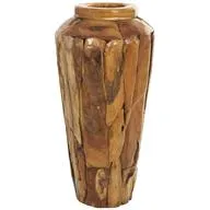 Brown Teak Wood Handmade Tall Floor Vase with Mosaic Live Edge Pieces