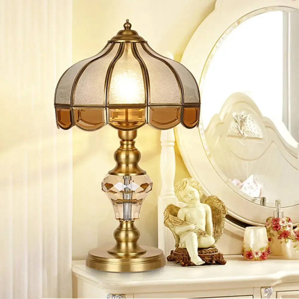 Colonial Scalloped Opal Glass Nightstand Lamp - Gold with Crystal Drop