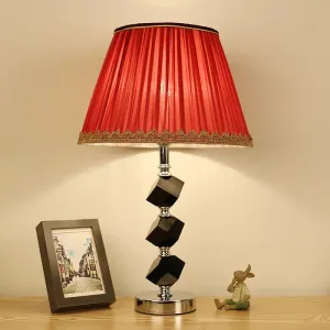 Contemporary Red/Green Barrel Table Lamp with Beveled Crystal Nightstand Light and Braided Trim