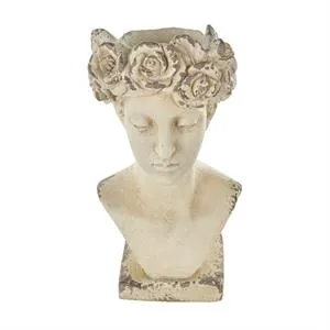 Cream Magnesium Oxide Woman Distressed Antique Greek Bust Planter with Floral Accents