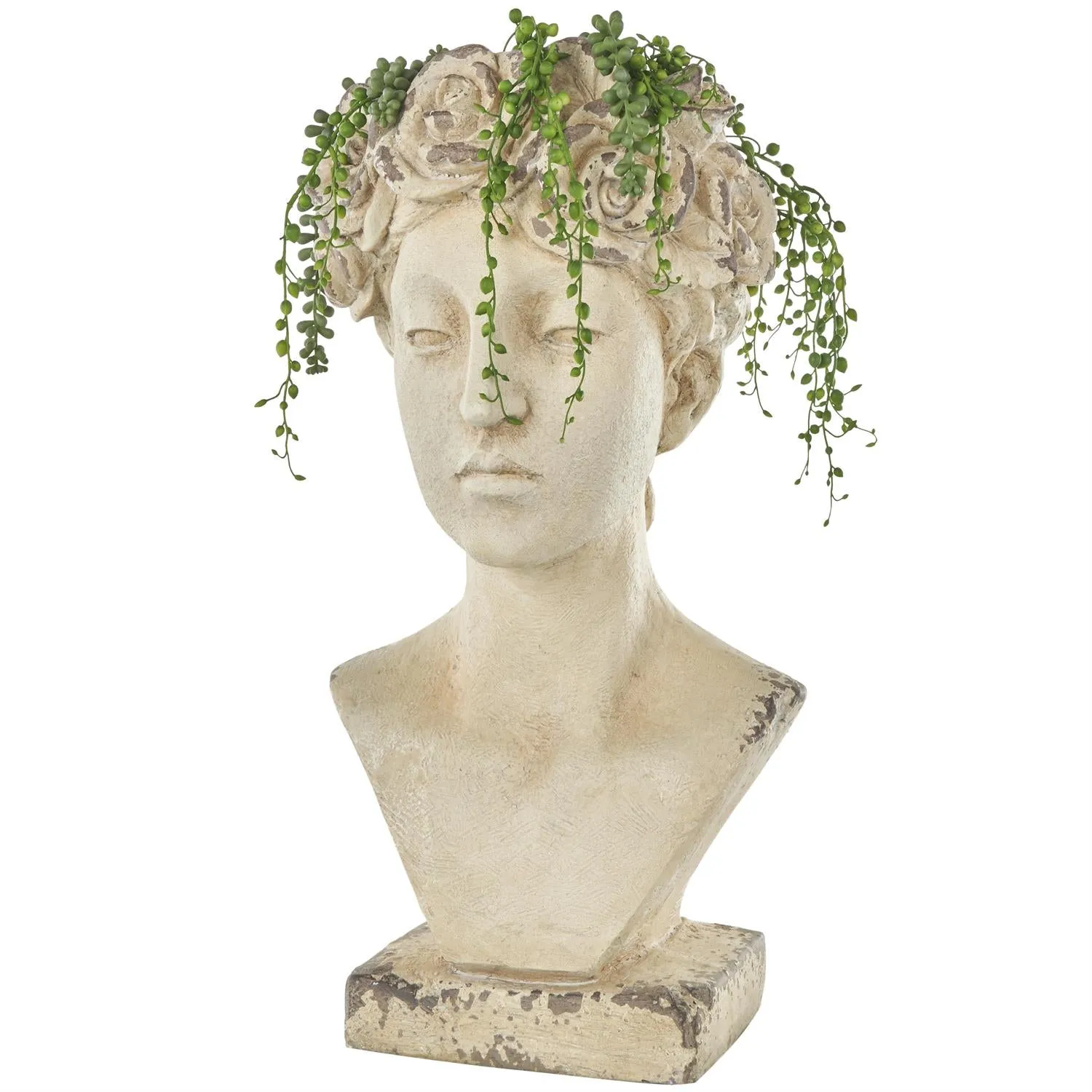 Cream Magnesium Oxide Woman Distressed Antique Greek Bust Planter with Floral Accents