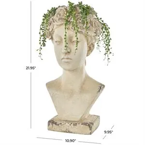 Cream Magnesium Oxide Woman Distressed Antique Greek Bust Planter with Floral Accents