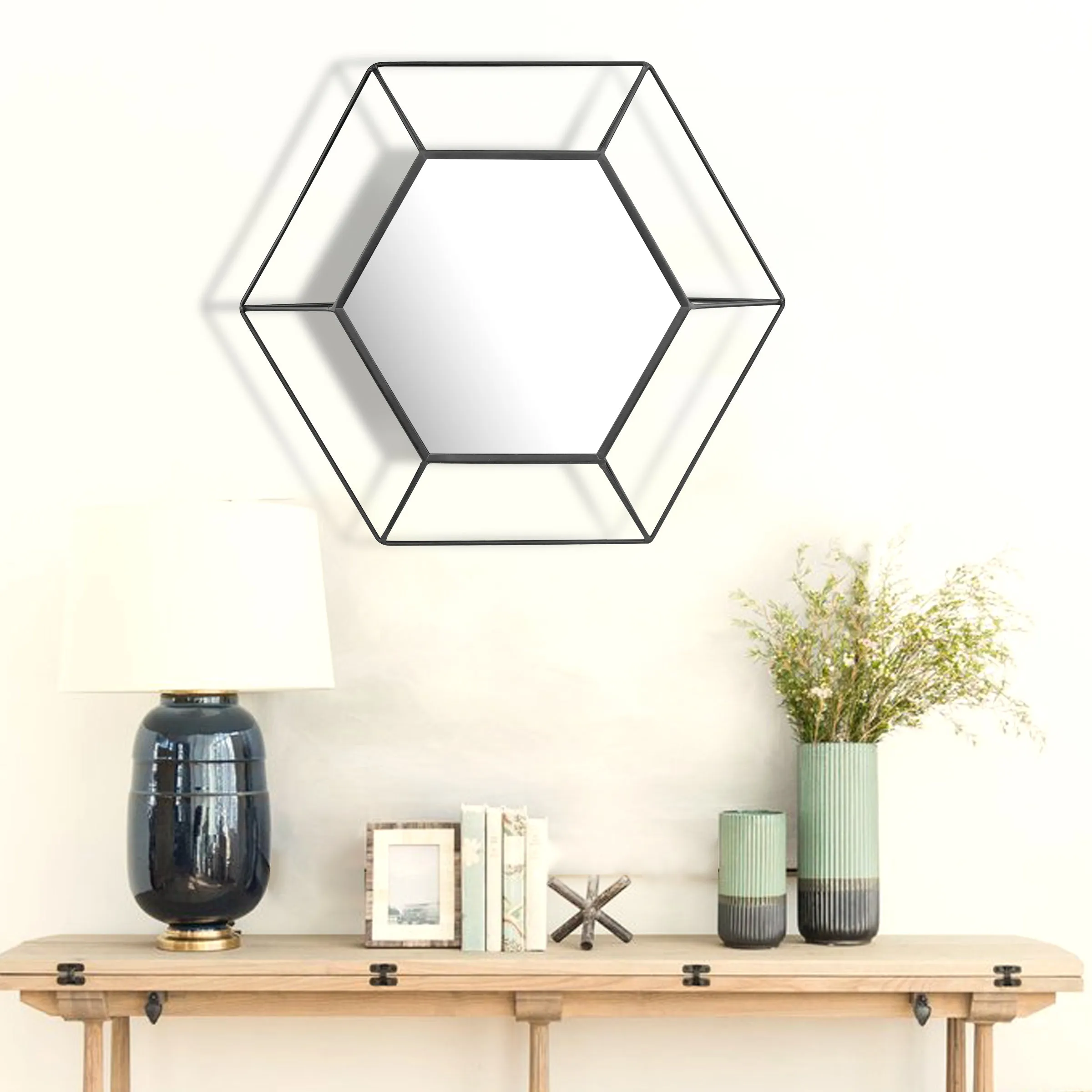 Decorative Black Metal 24" Hexagon Frame Hanging Wall Mirror