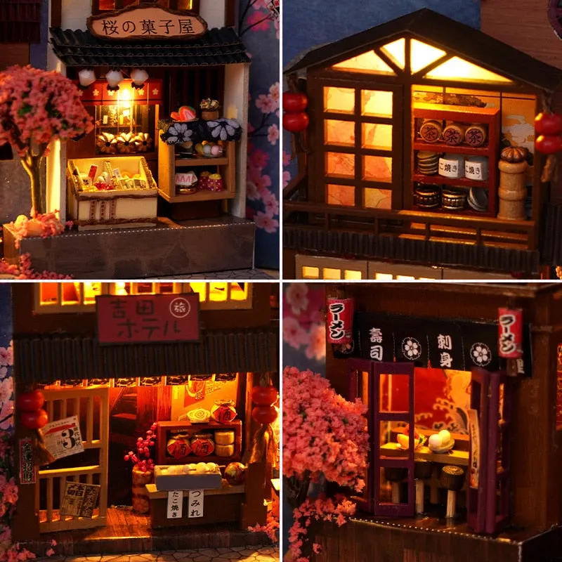 DIY Wooden Japanese Store Book Nook Shelf Insert Kits Miniature Dollhouse with Furniture Cherry Blossoms Bookends Toys Gifts