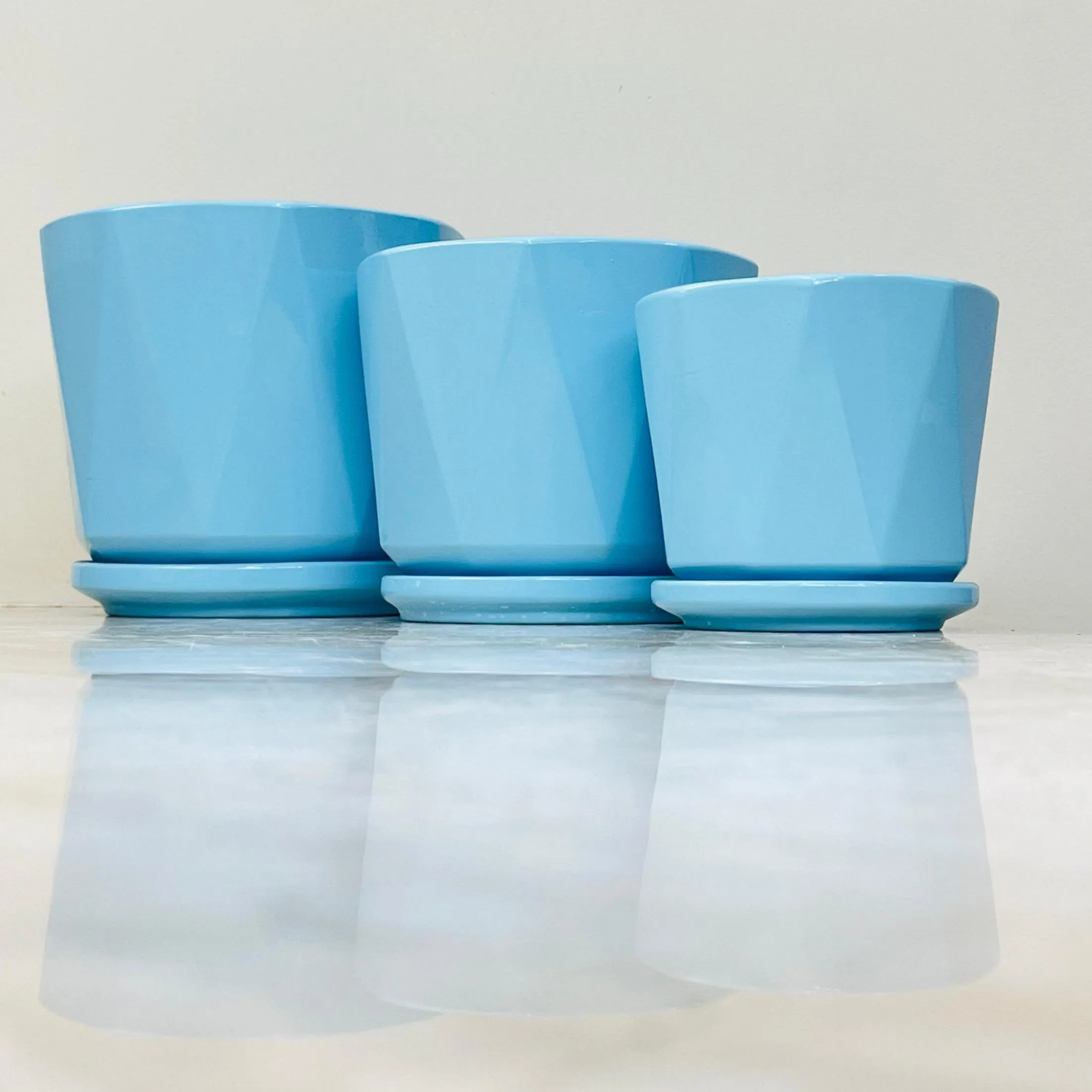 Glossy Blue Ceramic Pots for Indoor Planter Set Of 3