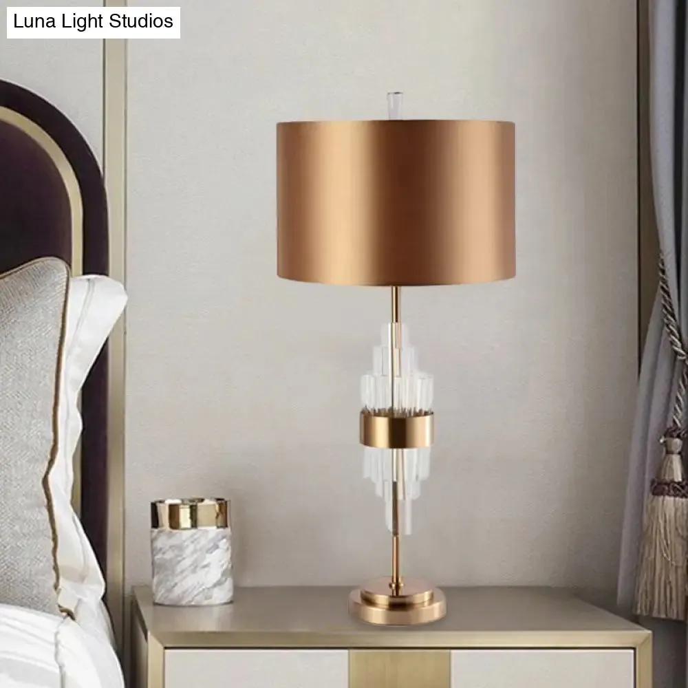 Golden Fabric Desk Lamp with Crystal Bar - Modern Straight Sided Shade Table Light