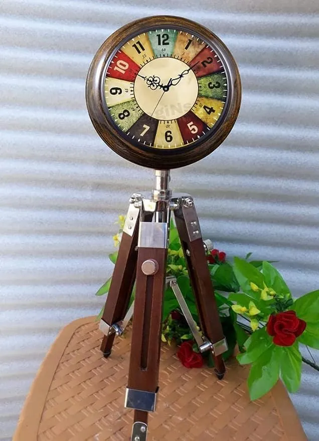 HABEEBA ART Antique Unique Style Wooden Table Clock with Adjustable Tripod Stand Heavy Quality for Home Decoration