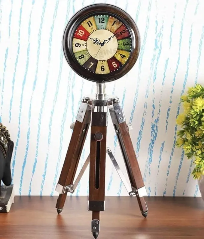 HABEEBA ART Antique Unique Style Wooden Table Clock with Adjustable Tripod Stand Heavy Quality for Home Decoration