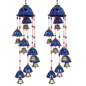 Heart Home Rajasthani Design Handcrafted Hanging Windchimes|Latkan with 8 Bells for Home Décor & Positive Energy,Pack of 2 (Blue)