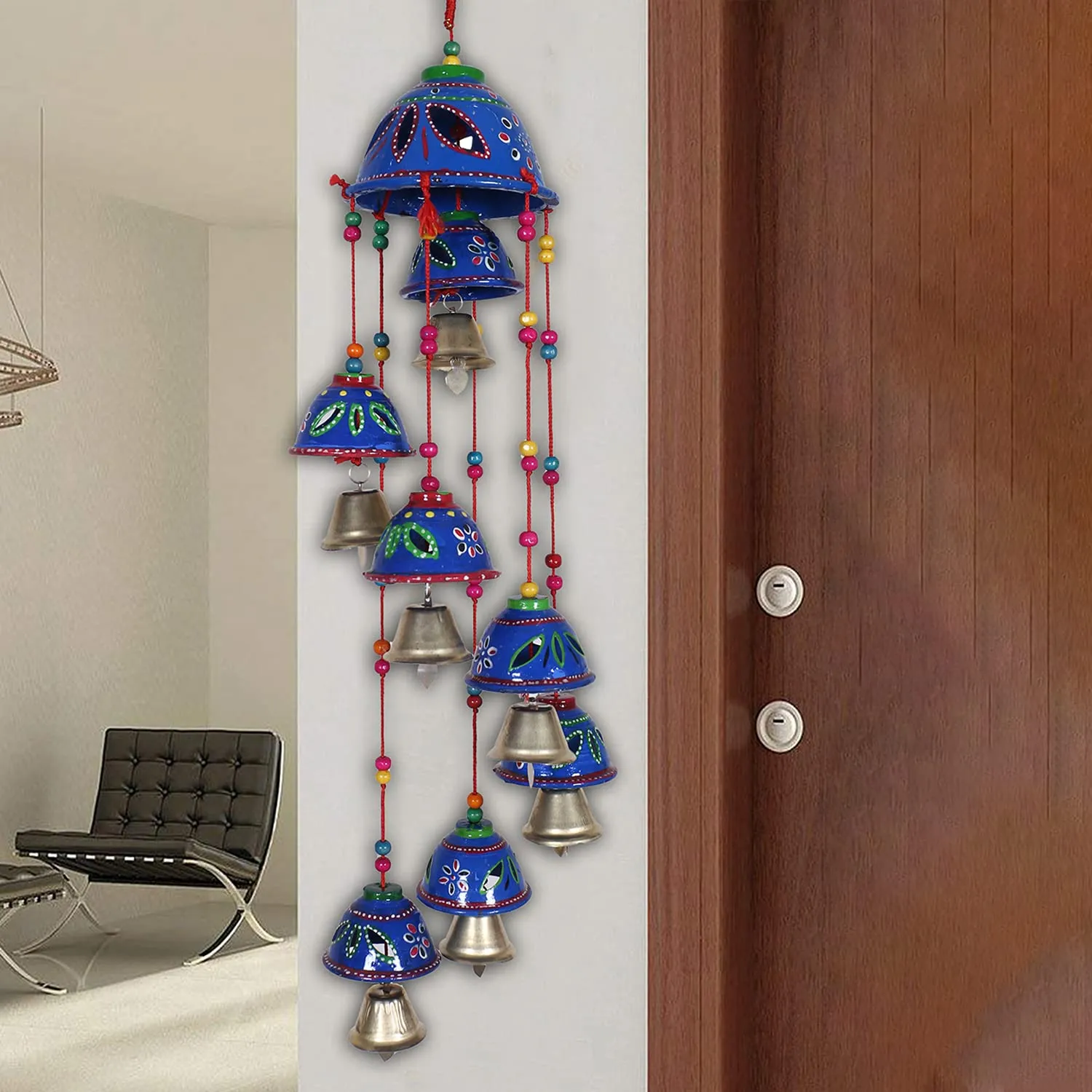 Heart Home Rajasthani Design Handcrafted Hanging Windchimes|Latkan with 8 Bells for Home Décor & Positive Energy,Pack of 2 (Blue)