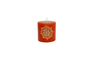 Help Them Shine Pillar Henna Premium Paraffin Wax Candle Orange Color | Sandalwood Fragrance | Henna Print | Henna Artwork | Handprinted Design | Smoke Free | Long Burn Upto 18 Hours Set of 1 Candle