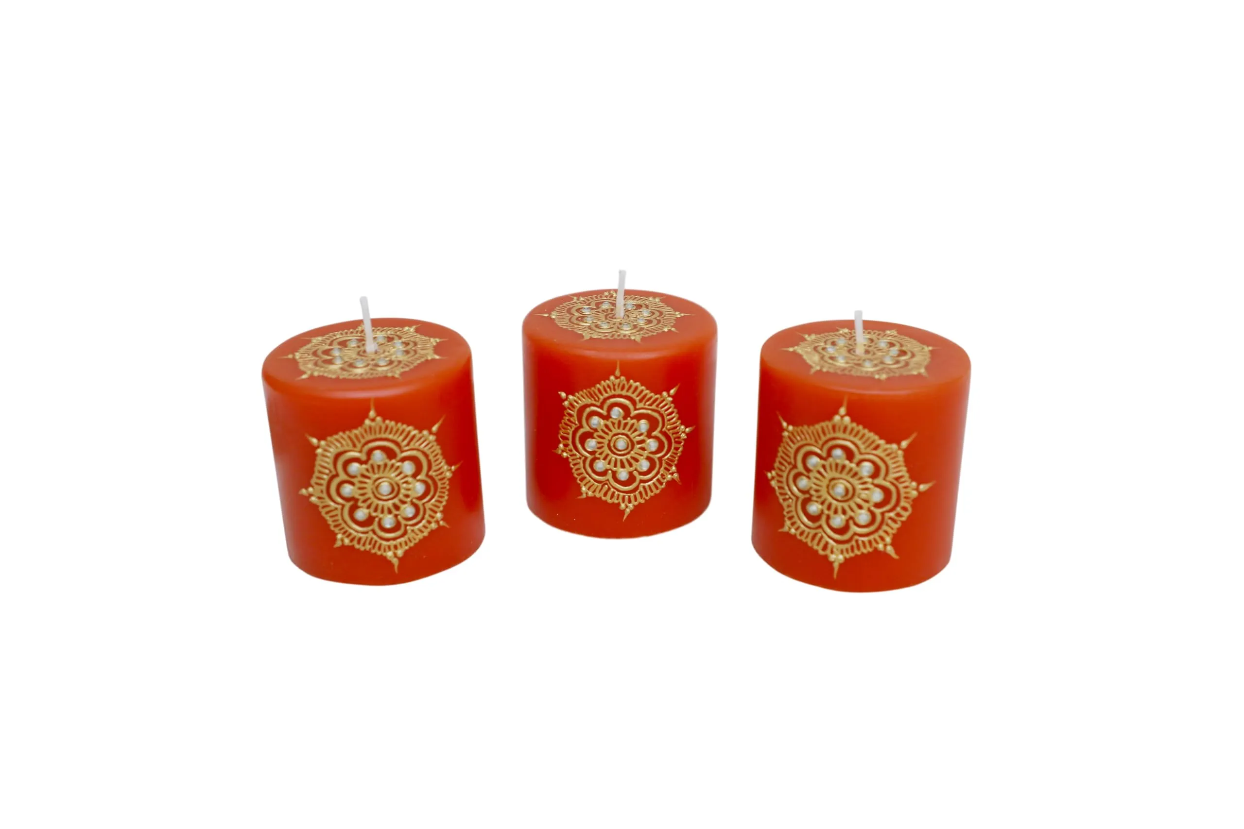 Help Them Shine Pillar Henna Premium Paraffin Wax Candle Orange Color | Sandalwood Fragrance | Henna Print | Henna Artwork | Handprinted Design | Smoke Free | Long Burn Upto 18 Hours Set of 1 Candle