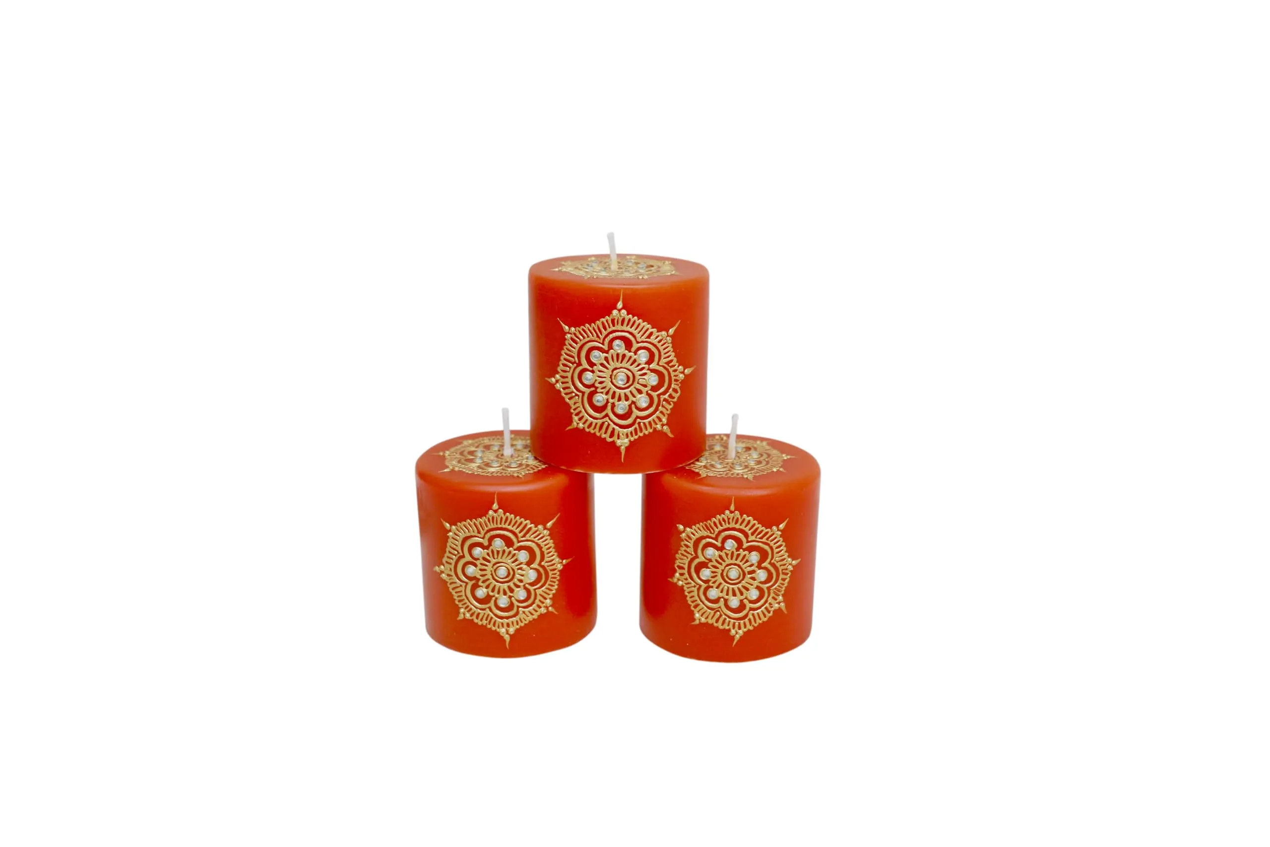 Help Them Shine Pillar Henna Premium Paraffin Wax Candle Orange Color | Sandalwood Fragrance | Henna Print | Henna Artwork | Handprinted Design | Smoke Free | Long Burn Upto 18 Hours Set of 1 Candle