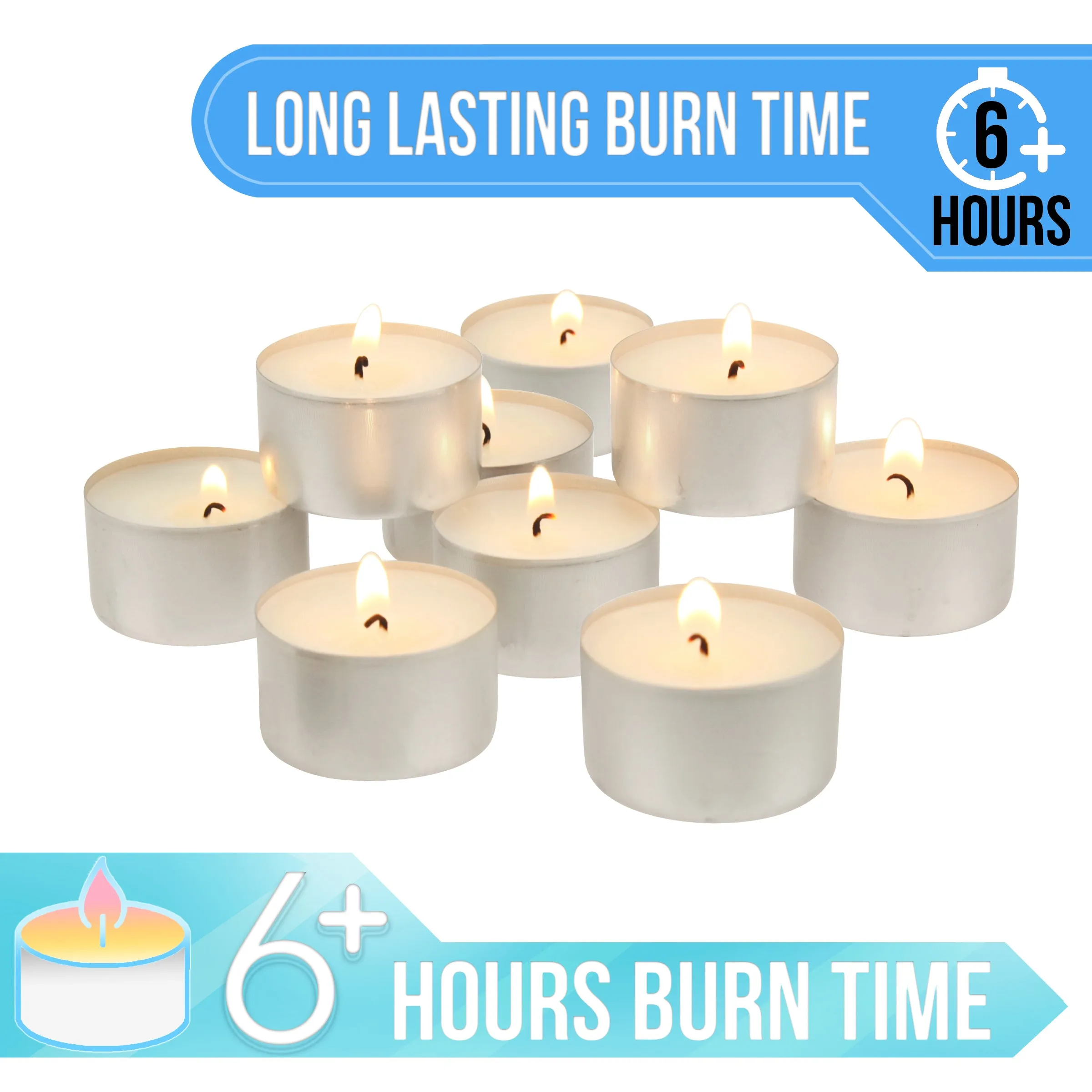 Long Burning Tealight Candles, 6 to 7 Hour Extended Burn Time, White, Unscented, Bulk 300-Pack (WS)