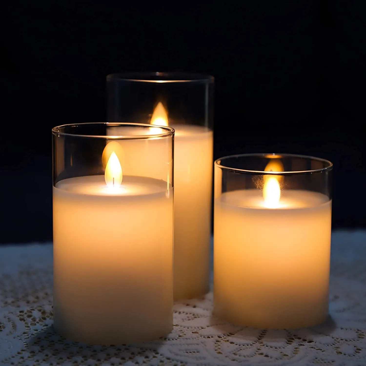 LTETTES Flameless Battery Operated Real Wax Glass Led Candle 3"x4"5" 6" Set of 3 Night Lamp Candles with Remote Control & Timer for Home Decorations, Festival, Wedding, Birthday, Gifting