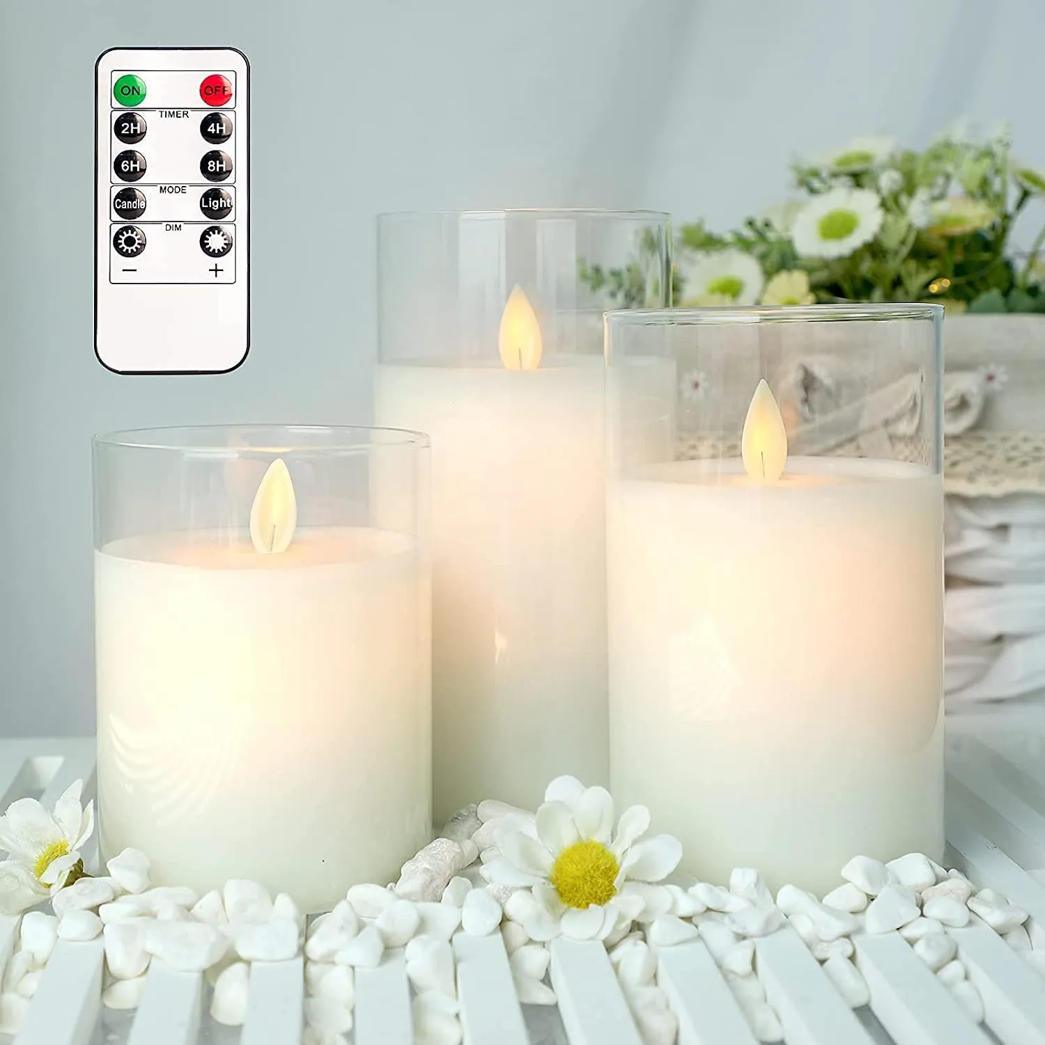 LTETTES Flameless Battery Operated Real Wax Glass Led Candle 3"x4"5" 6" Set of 3 Night Lamp Candles with Remote Control & Timer for Home Decorations, Festival, Wedding, Birthday, Gifting