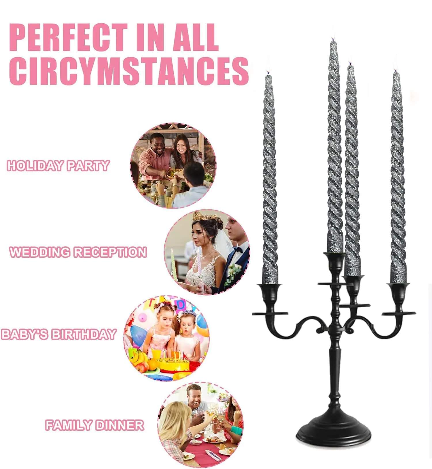 Luces Paraffin Wax Smokeless Silver Glitter Twisted Stick Taper Spiral Candles Decorations for Living Room Dinner Table Church Pack of 8