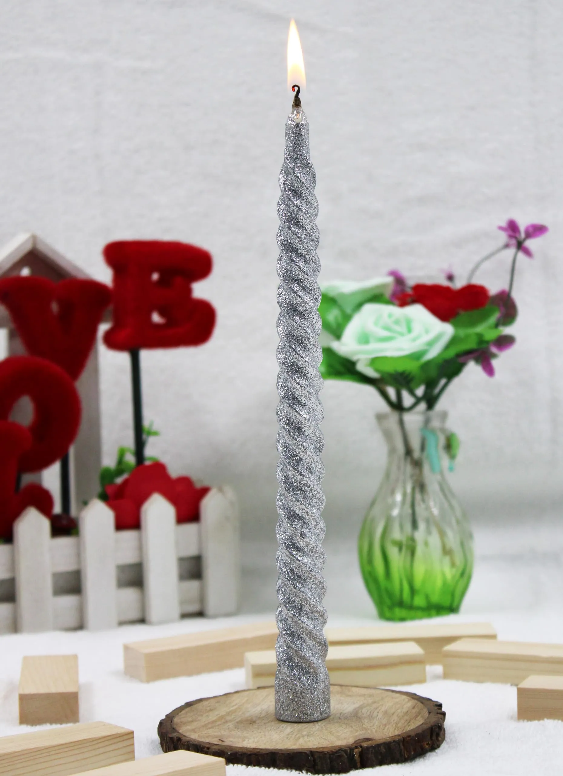 Luces Paraffin Wax Smokeless Silver Glitter Twisted Stick Taper Spiral Candles Decorations for Living Room Dinner Table Church Pack of 8