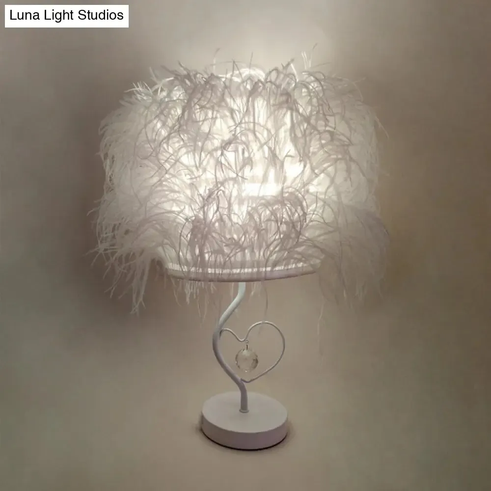 Modern White Feather Bedside Desk Lamp with Crystal Drop: 1-Bulb Fabric Table Lighting