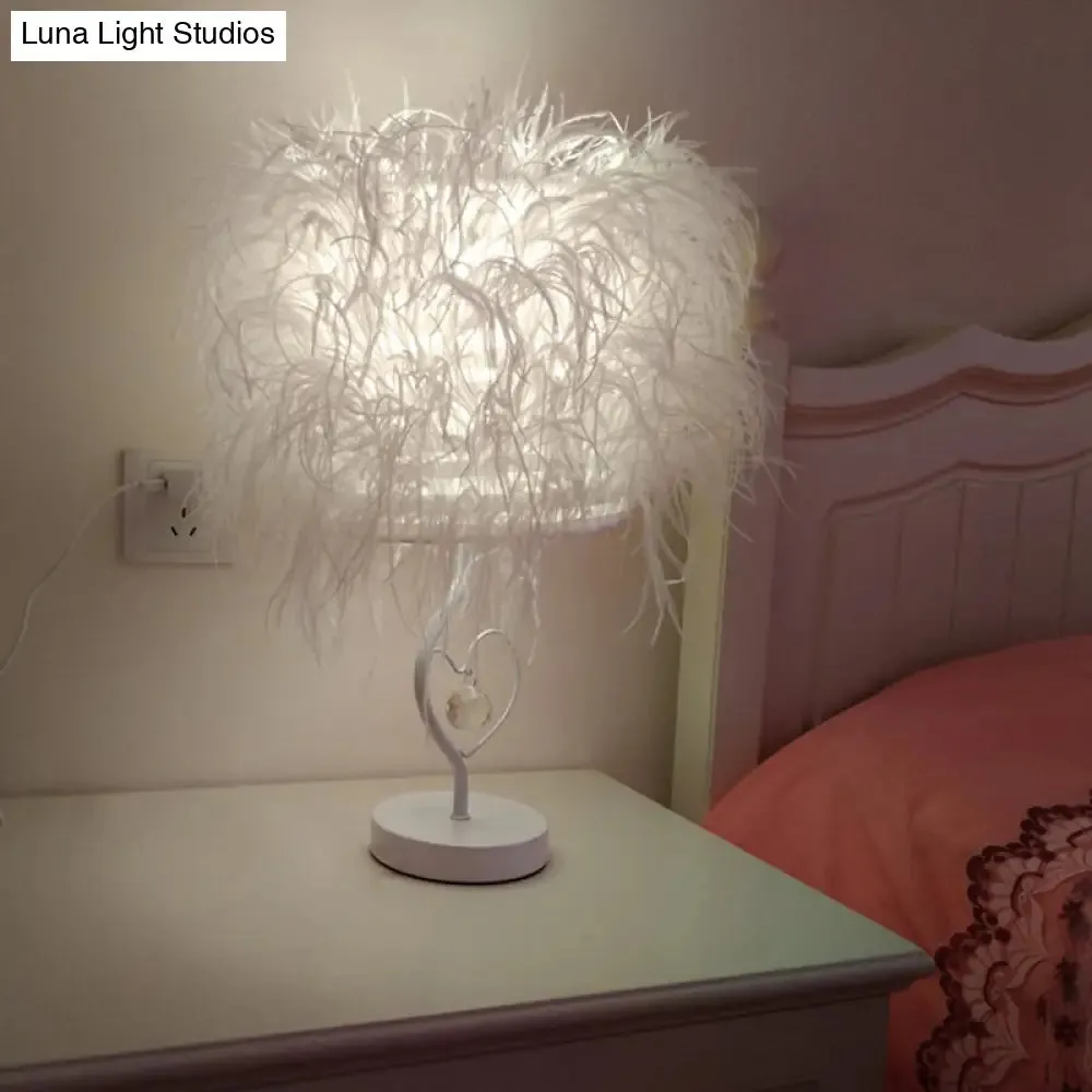 Modern White Feather Bedside Desk Lamp with Crystal Drop: 1-Bulb Fabric Table Lighting