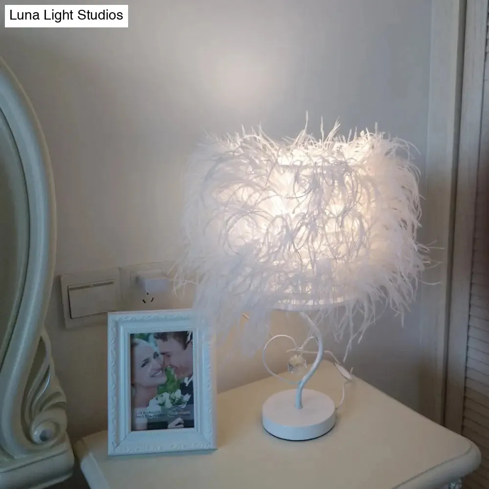 Modern White Feather Bedside Desk Lamp with Crystal Drop: 1-Bulb Fabric Table Lighting