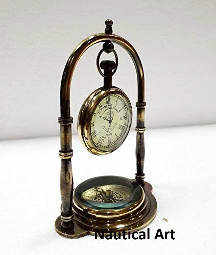 Nautical Art Antique Brass Table Clock Compass Style Nautical Maritime Ship Desk Clock Office Decor Solid Brass Beautifully Engraved Clock & Compass