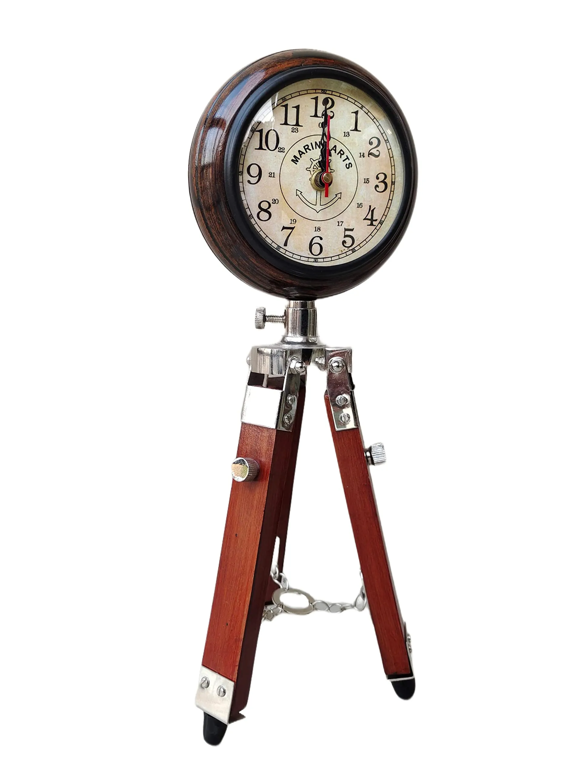 Nautical Gallery 5 inch Antique Unique Style Tripod Stand Clock Steel Finish Table Clock Vintage Style Wood (Brown)