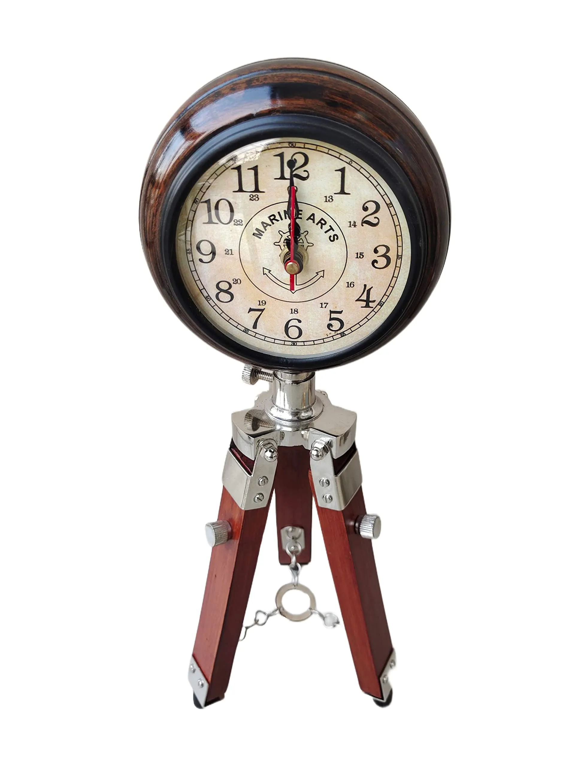 Nautical Gallery 5 inch Antique Unique Style Tripod Stand Clock Steel Finish Table Clock Vintage Style Wood (Brown)